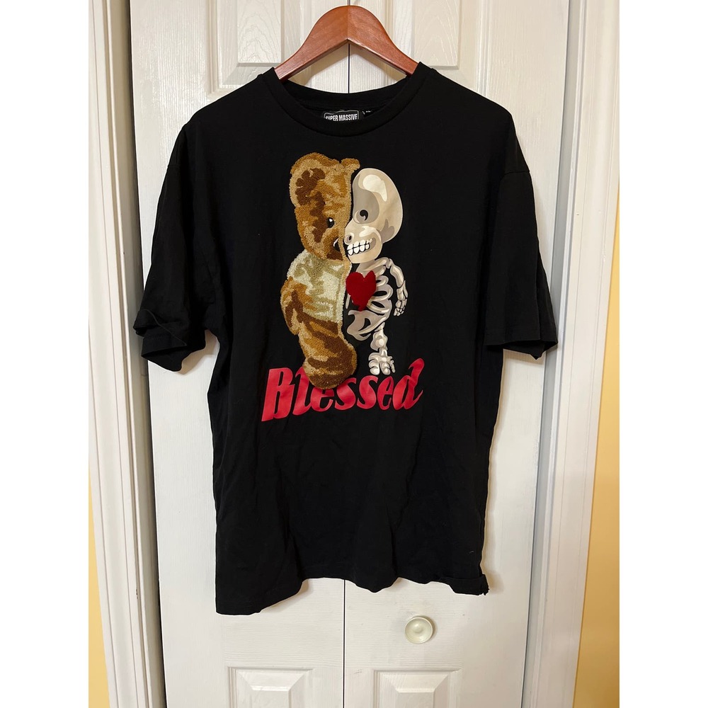 Super Massive Brand T-shirt Bear/Skeleton Embroidery Blessed XL Black